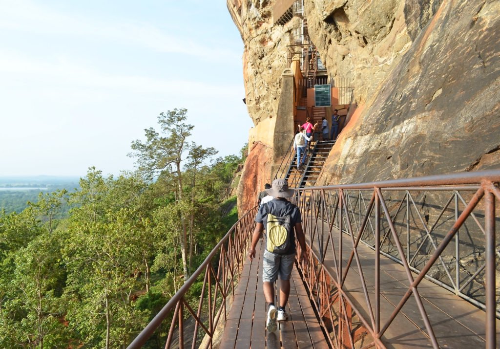 Metal platform and staircases for climbing Sigiriya