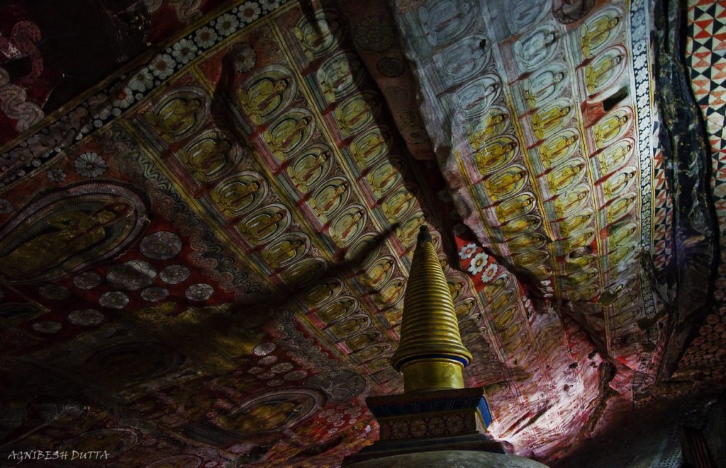 Frescoes inside Dambulla cave temple or Golden Temple of Dambulla in Sri Lanka